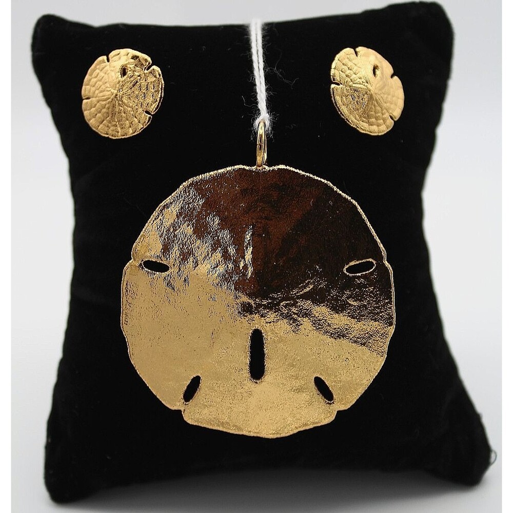 Vintage Gold Plated Sand Dollar Pendant Necklace & Matching Earrings Set